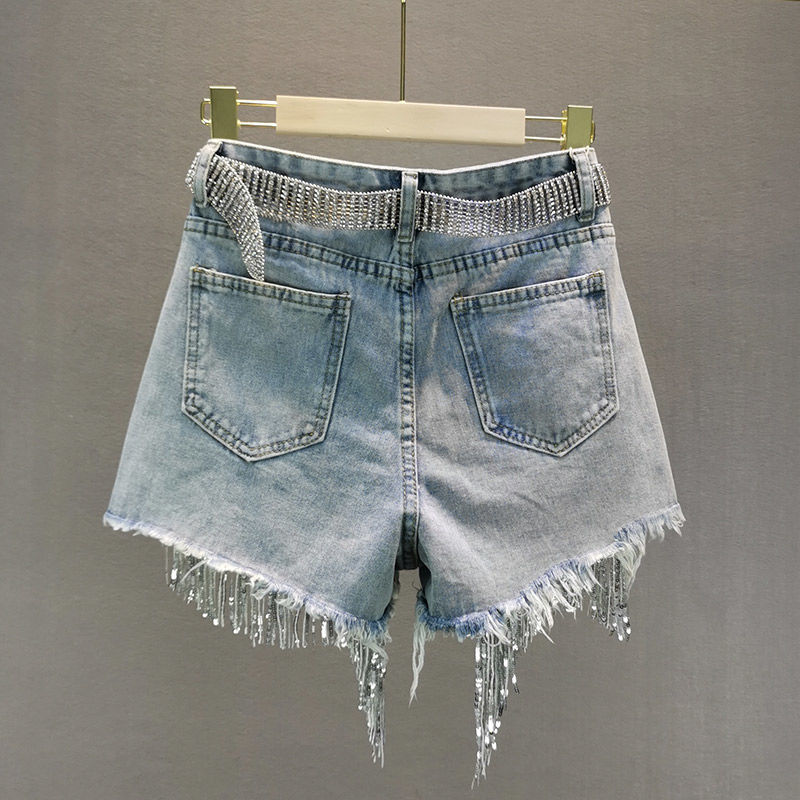 Sparkling Tassel Beaded Denim Shorts - Festigal