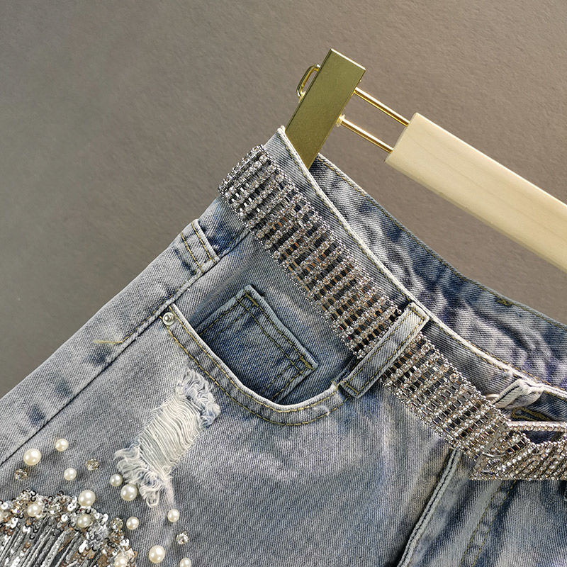 Sparkling Tassel Beaded Denim Shorts - Festigal