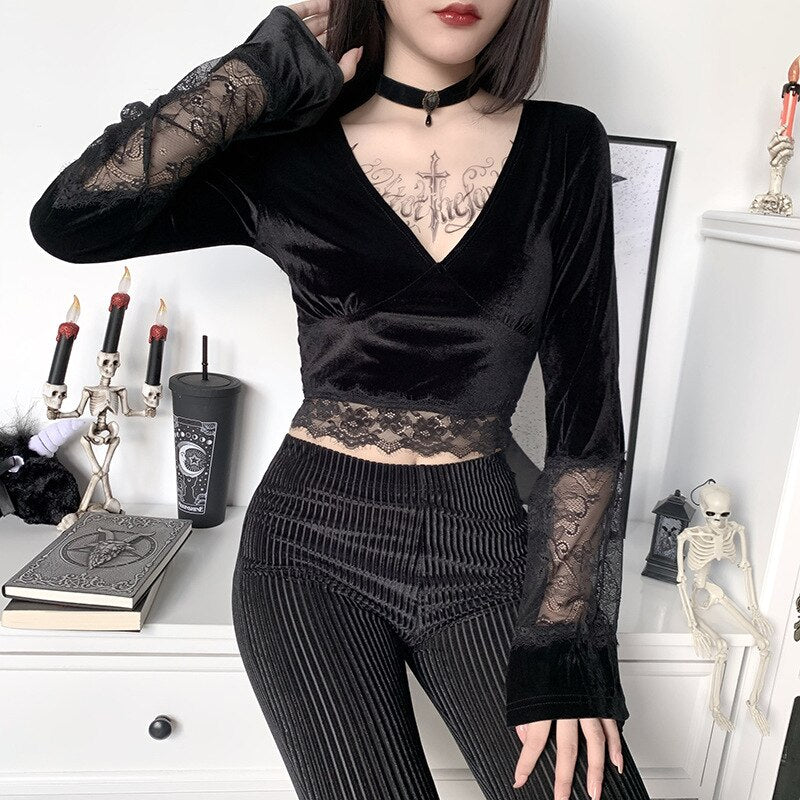 Velvet Lace Insert Crop Top - Festigal