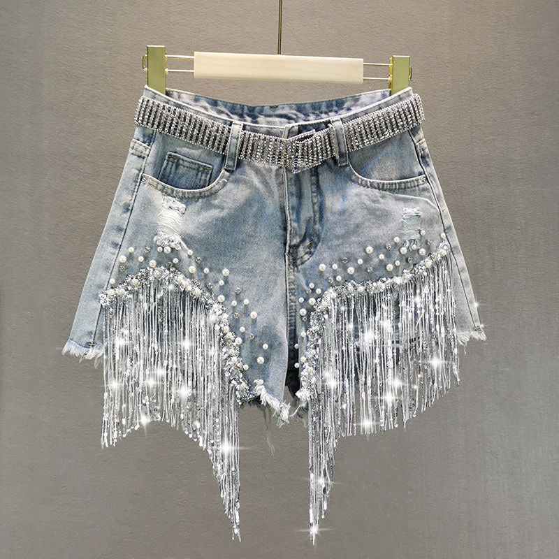 Sparkling Tassel Beaded Denim Shorts - Festigal