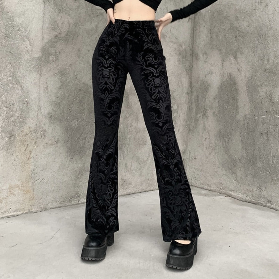 Flared Goth Embossed Velvet Pants - Festigal