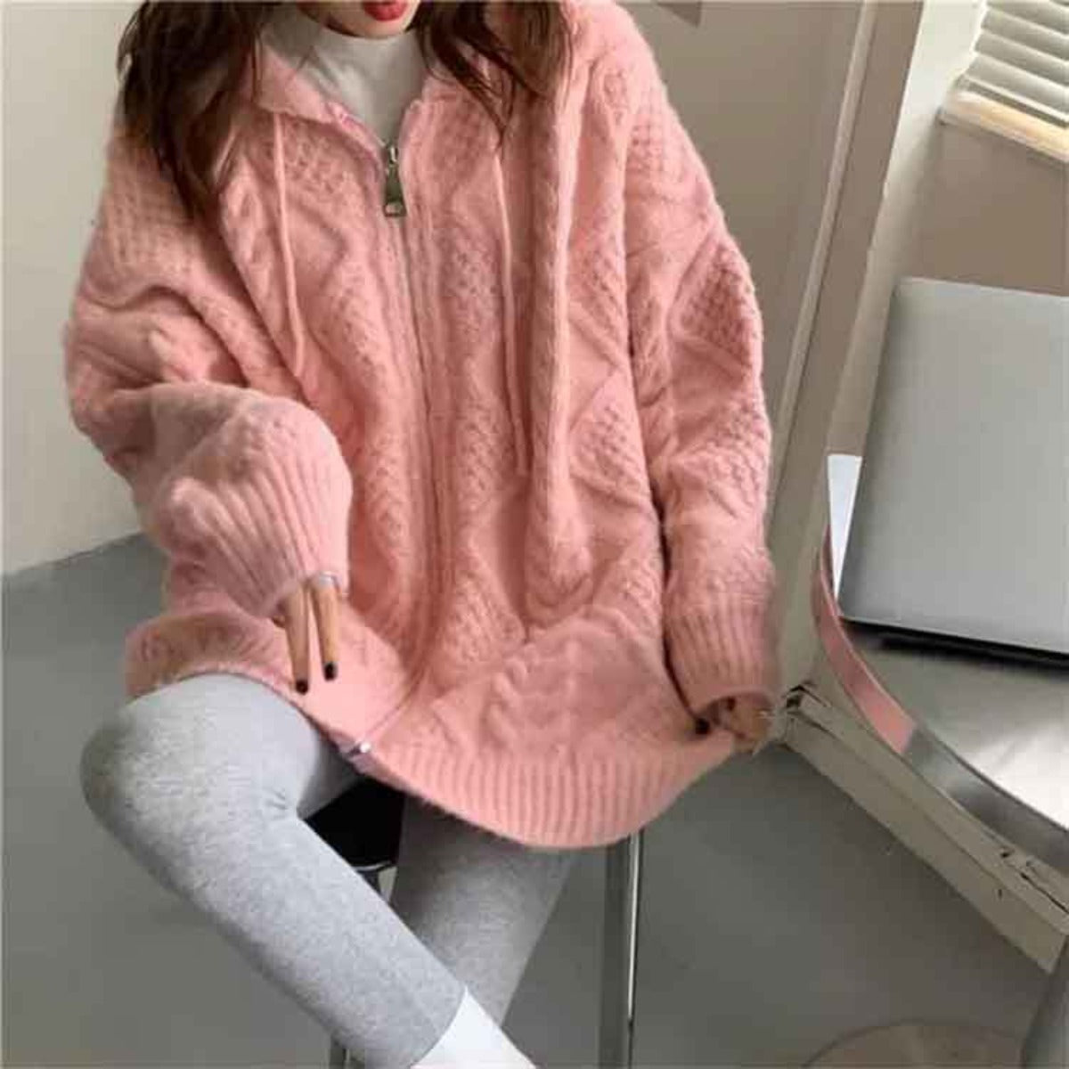 Pink Cable Knit Comfy Hoodie - Festigal