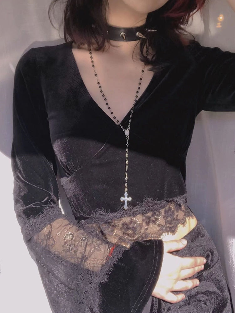 Velvet Lace Insert Crop Top - Festigal