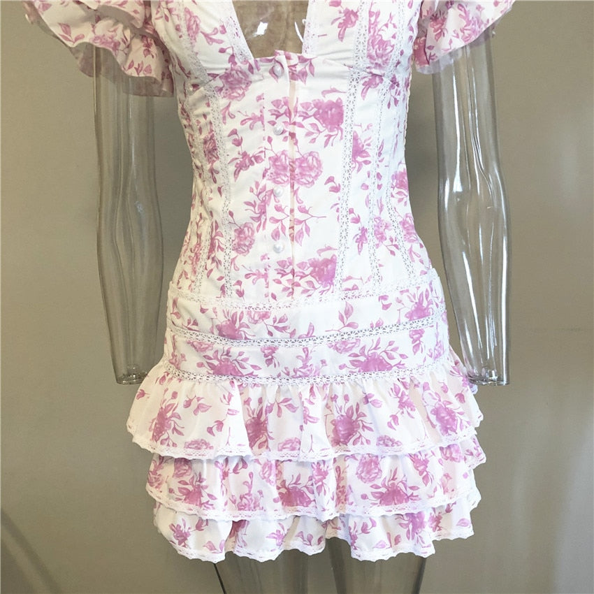 Plunging Floral Ruffle Dress - Festigal