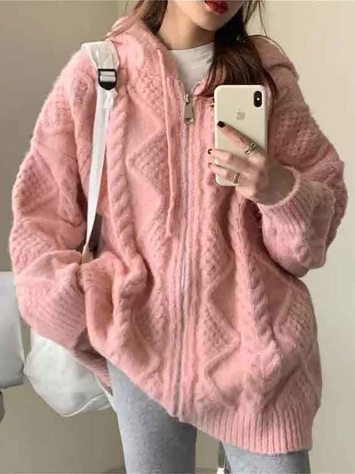 Pink Cable Knit Comfy Hoodie - Festigal