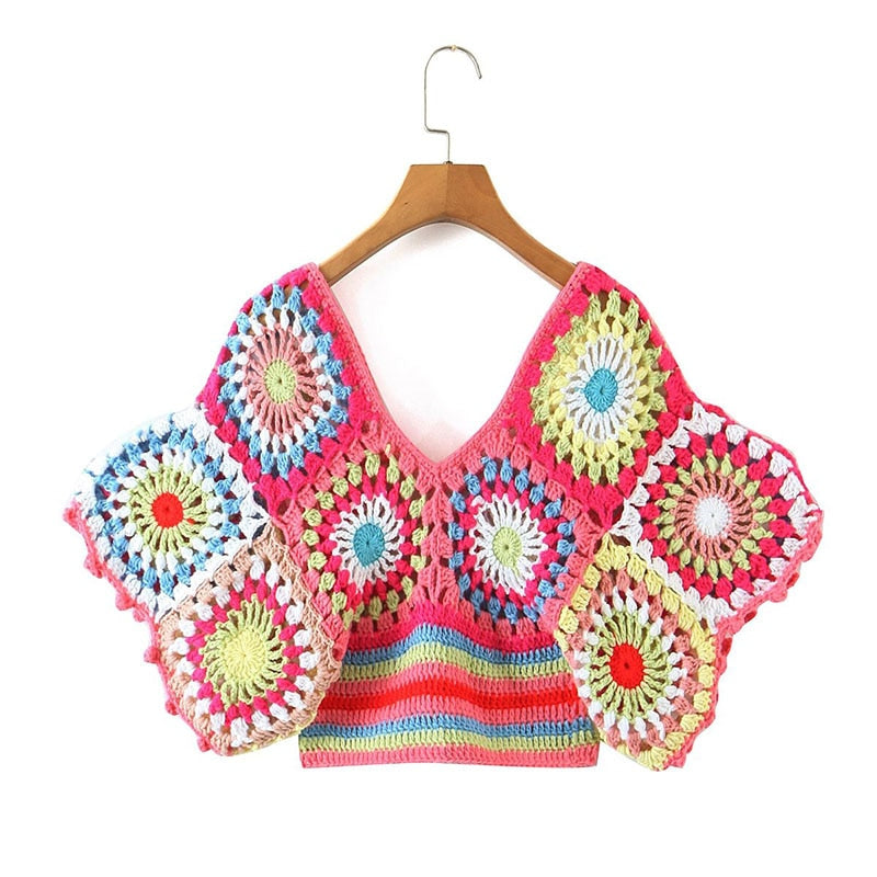 Colourful Crochet Cropped V Neck Top - Festigal