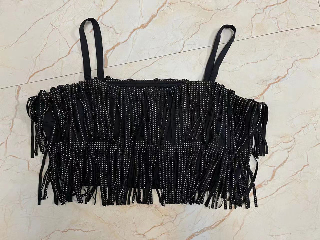 Western Rhinestone Tassel Skirt & Top Set - Festigal