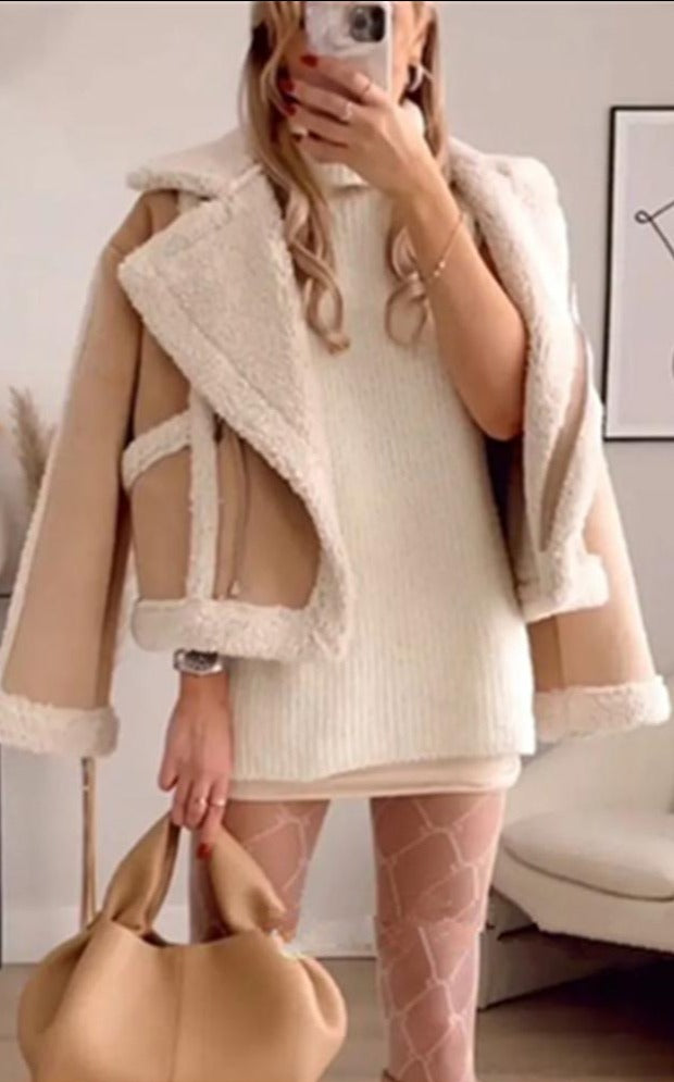 Tan Shearling Faux Leather Jacket - Festigal