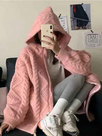 Pink Cable Knit Comfy Hoodie
