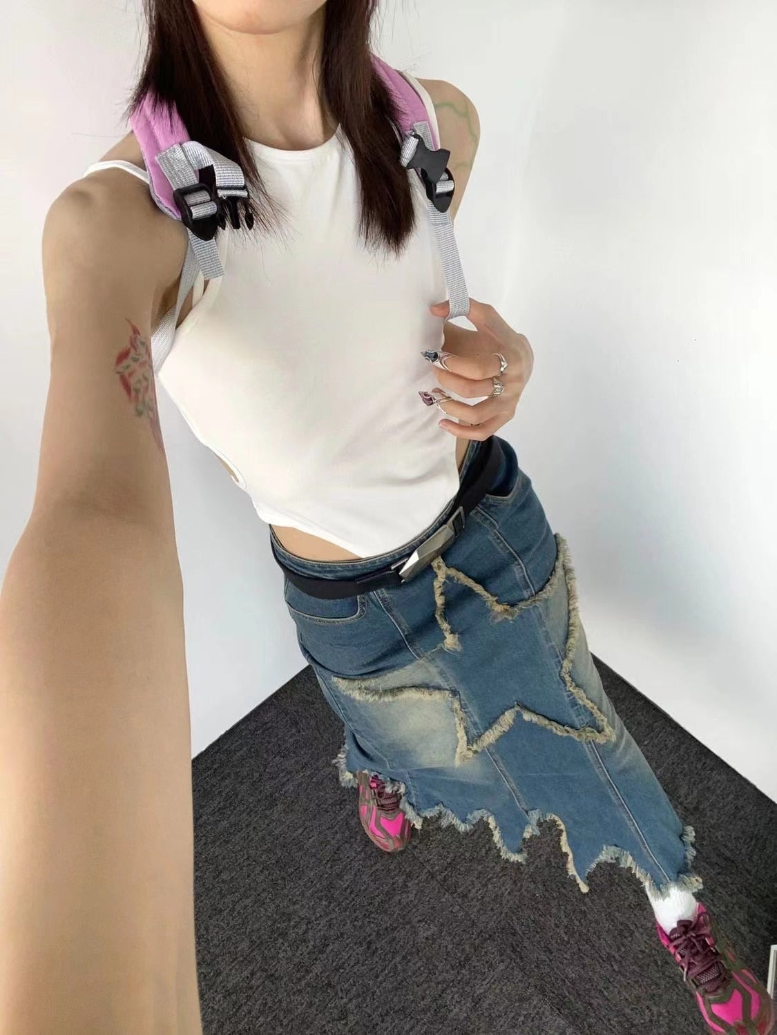 Distressed Star Denim Maxi Skirt - Festigal