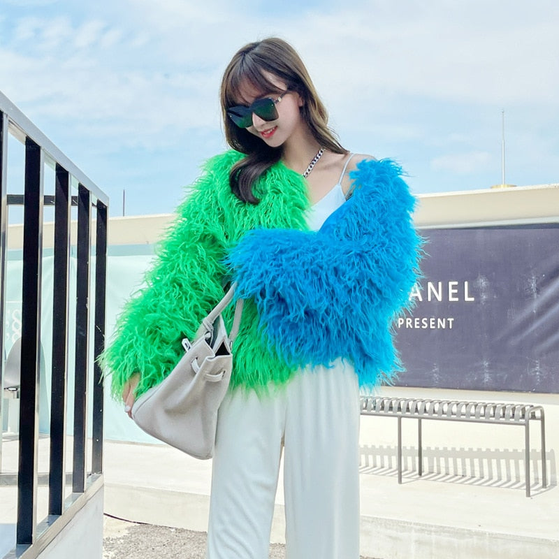 Two Tone Shaggy Faux Fur Jacket - Festigal