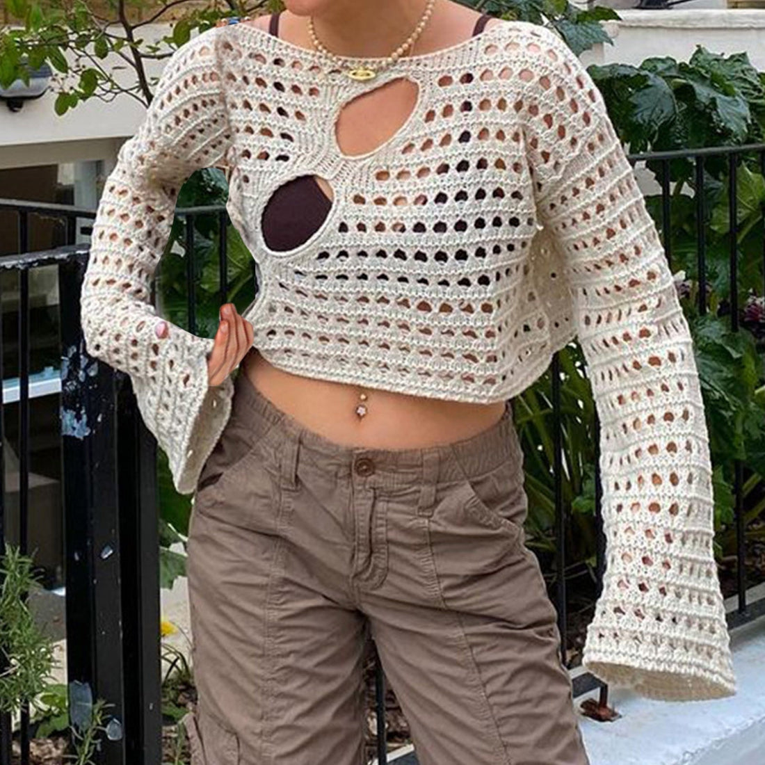 Hollowed Out Fishnet Mesh Knitted Top - Festigal