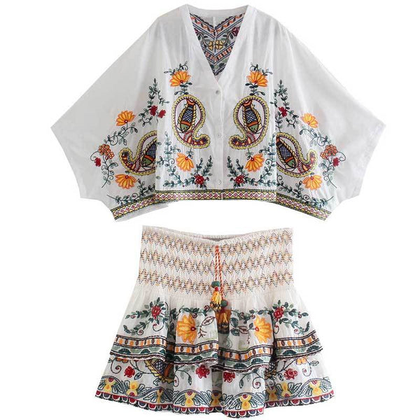 Boho Embroidered Floral Two Piece