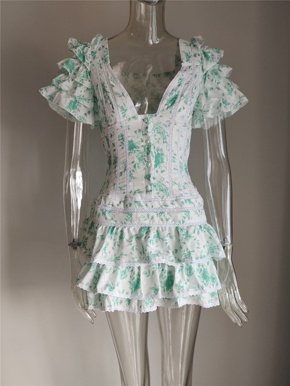 Plunging Floral Ruffle Dress - Festigal