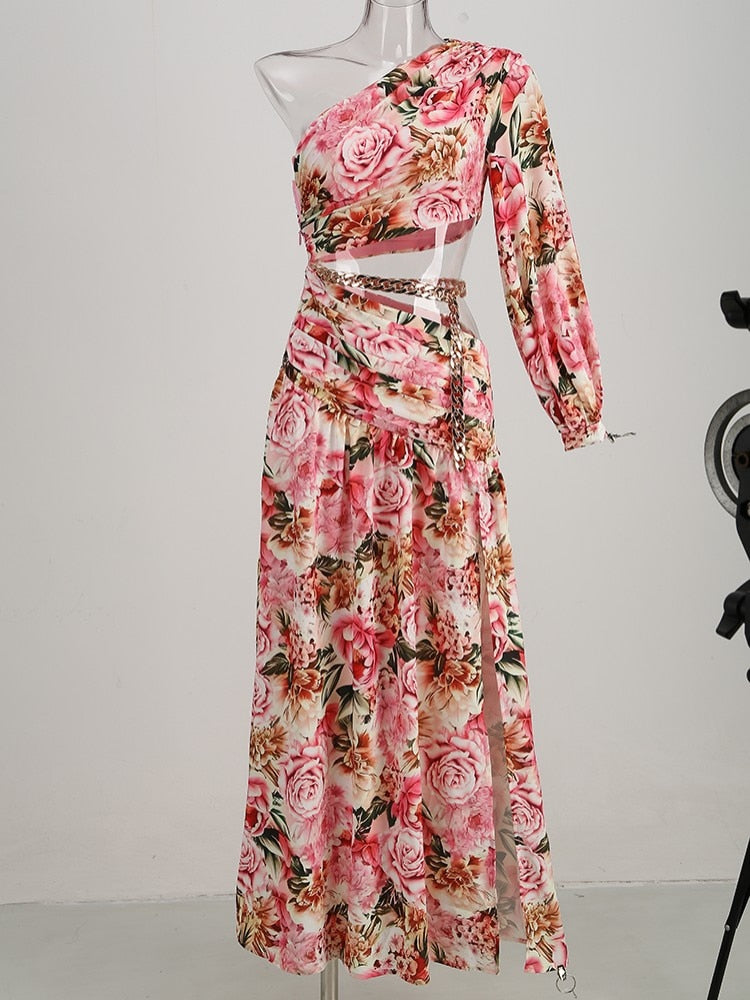 Floral Chain Belt Maxi Dress - Festigal
