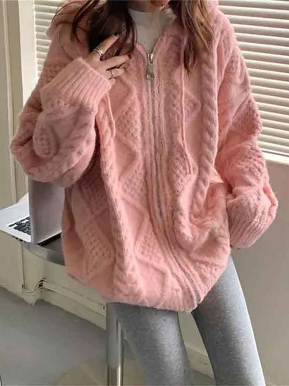 Pink Cable Knit Comfy Hoodie - Festigal