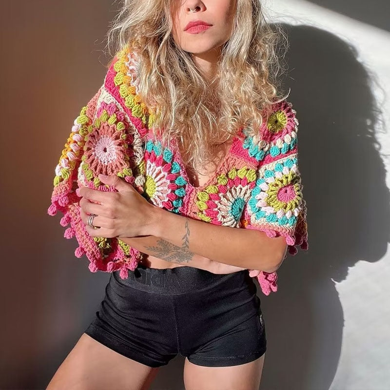 Colourful Crochet Cropped V Neck Top - Festigal
