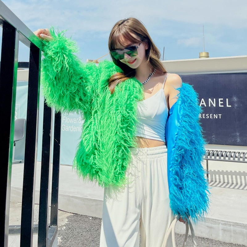 Two Tone Shaggy Faux Fur Jacket - Festigal