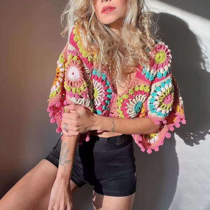 Colourful Crochet Cropped V Neck Top - Festigal