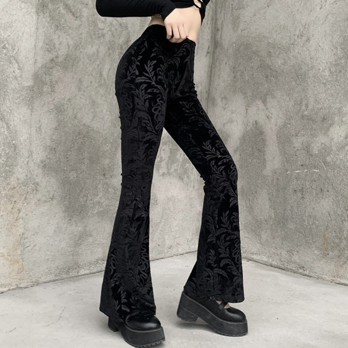 Flared Goth Embossed Velvet Pants - Festigal