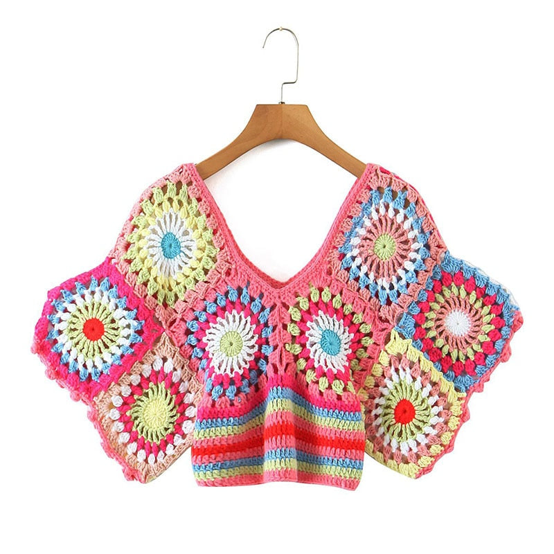 Colourful Crochet Cropped V Neck Top - Festigal