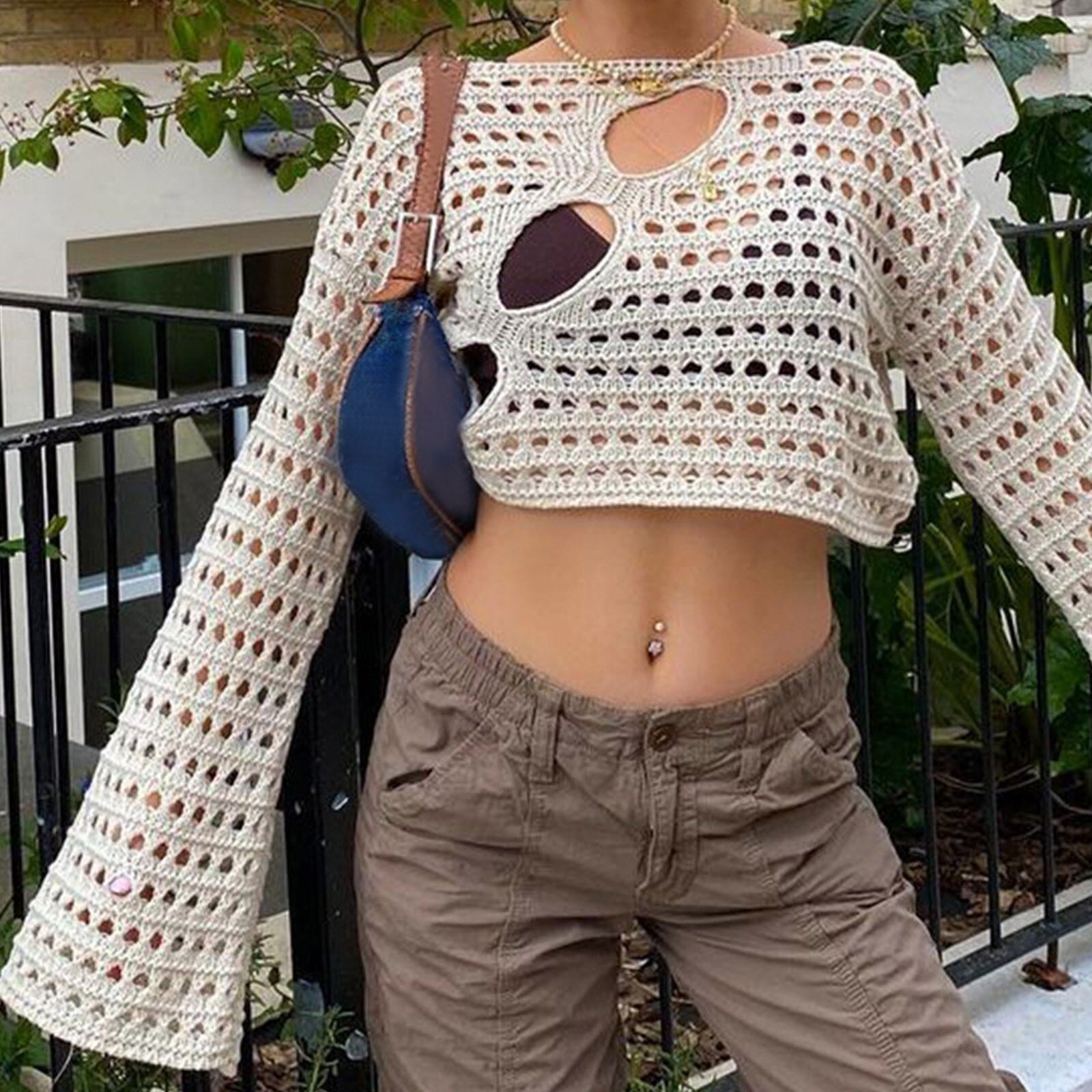 Hollowed Out Fishnet Mesh Knitted Top - Festigal