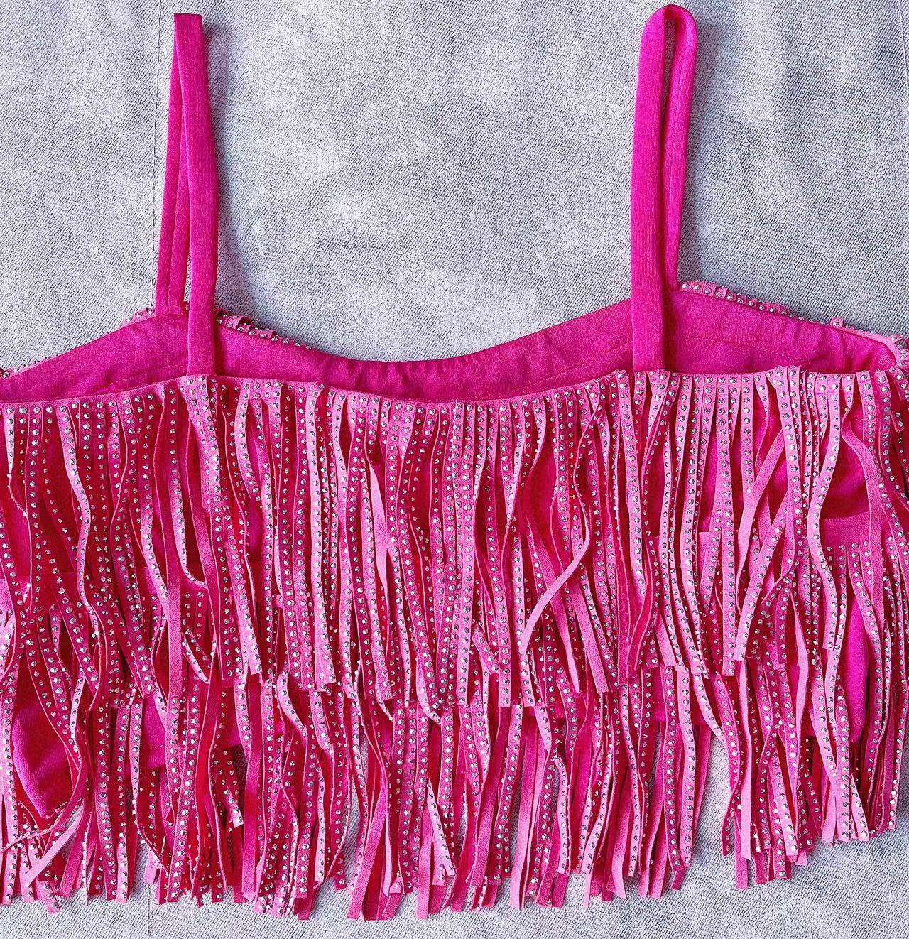 Western Rhinestone Tassel Skirt & Top Set - Festigal