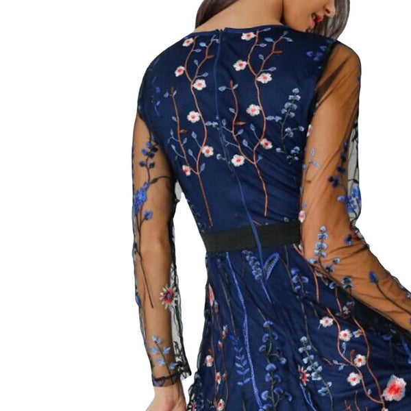 Sheer Mesh Boho Floral Embroidery Dress