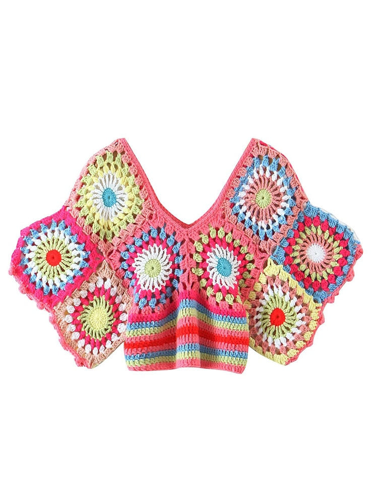 Colourful Crochet Cropped V Neck Top - Festigal