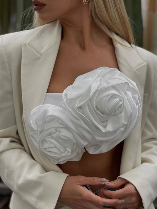 3D White Rose Cami Crop Top - Festigal