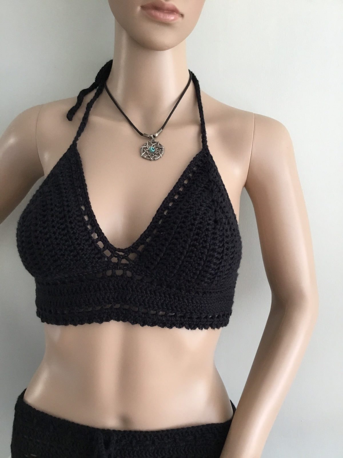 Handmade Crochet Black Halter Top Adjustable Padded Bralette