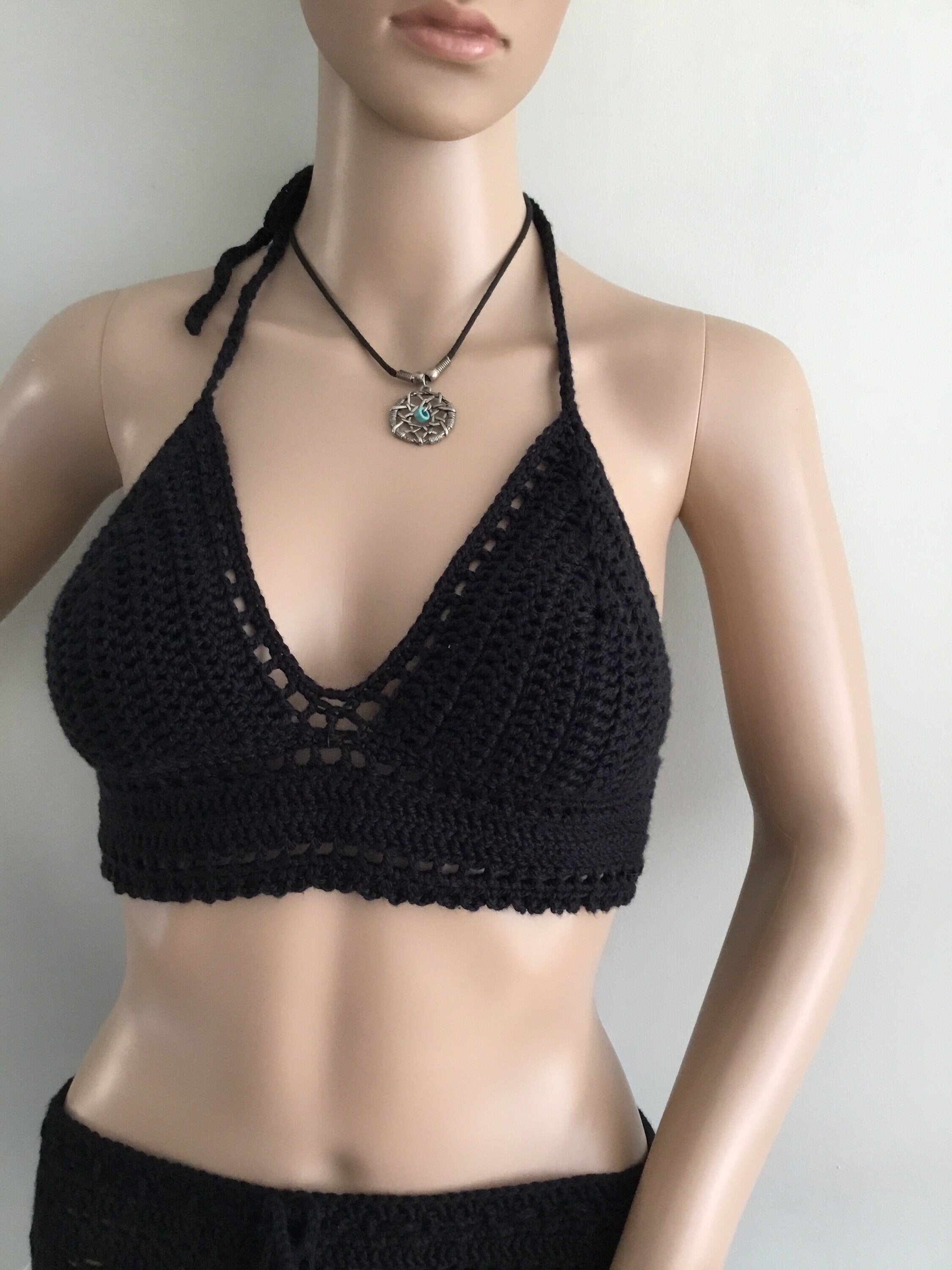 Handmade Crochet Black Halter Top Adjustable Padded Bralette - Festigal