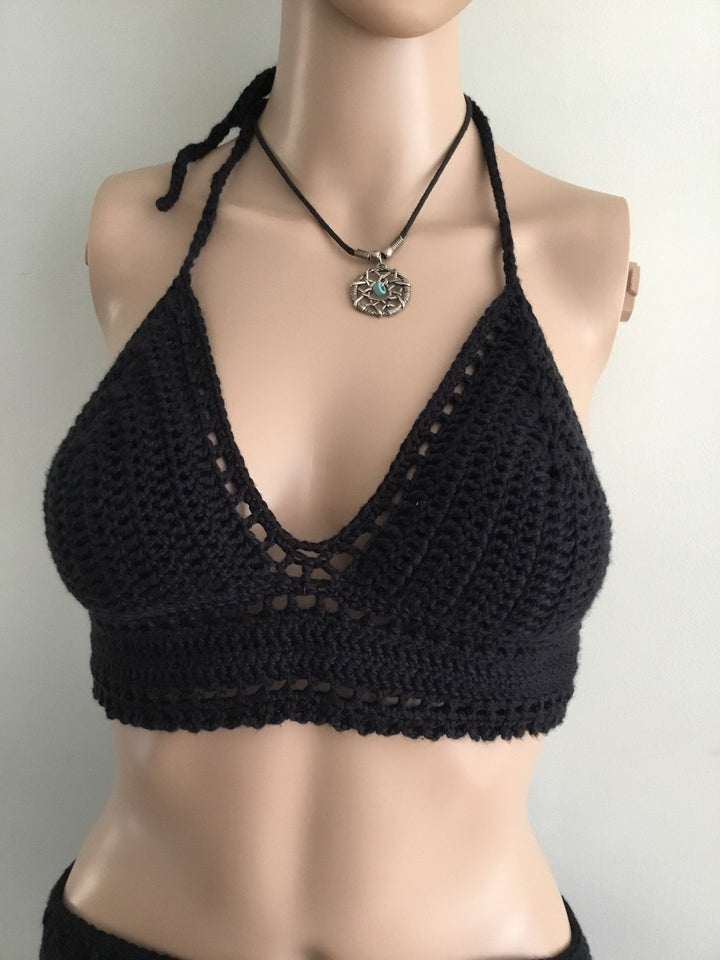 Handmade Crochet Black Halter Top Adjustable Padded Bralette - Festigal