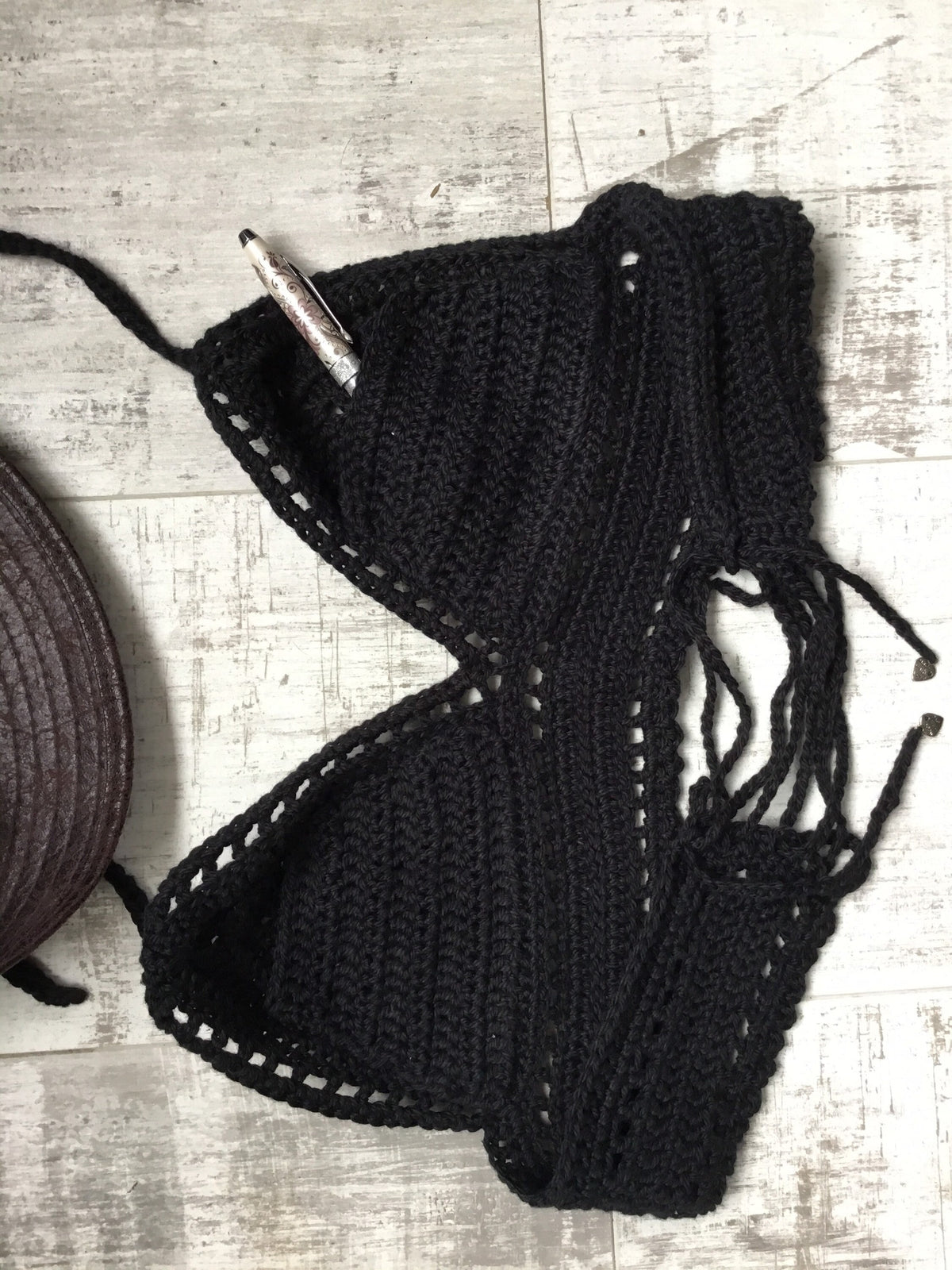 Handmade Crochet Black Halter Top Adjustable Padded Bralette - Festigal