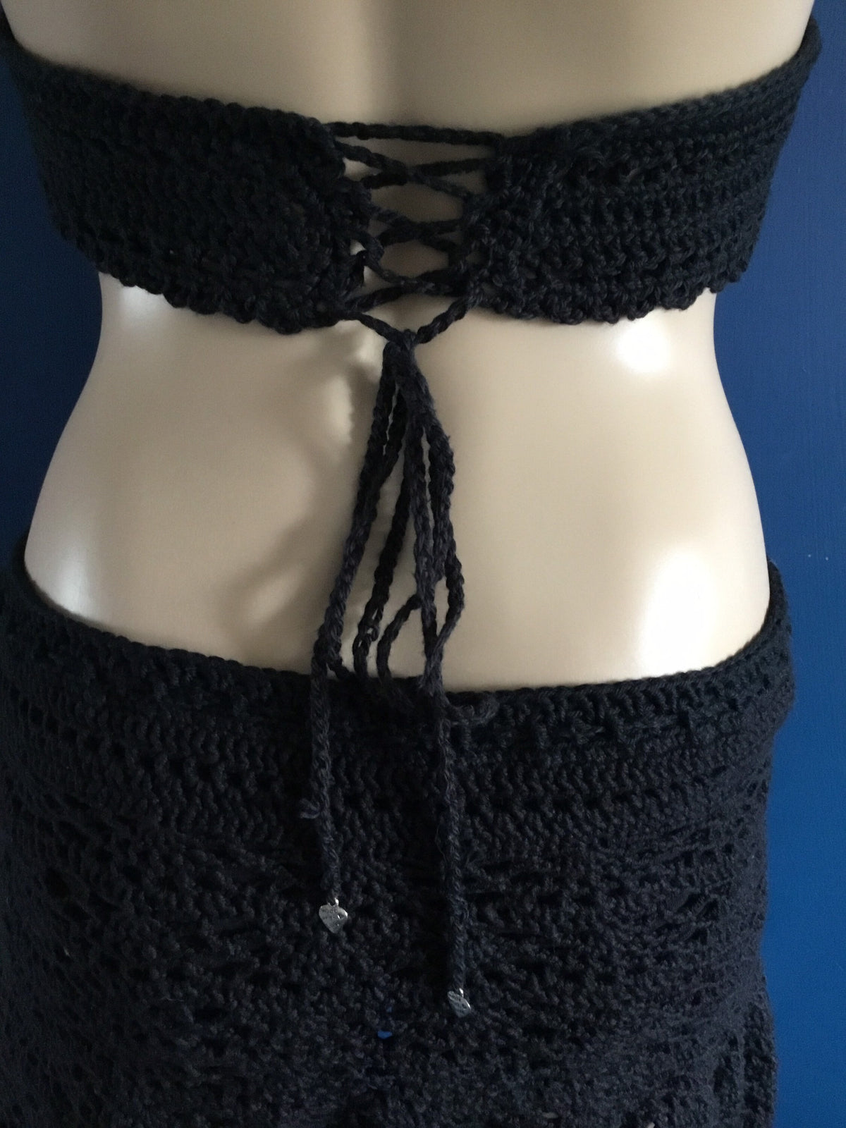 Handmade Crochet Black Halter Top Adjustable Padded Bralette - Festigal