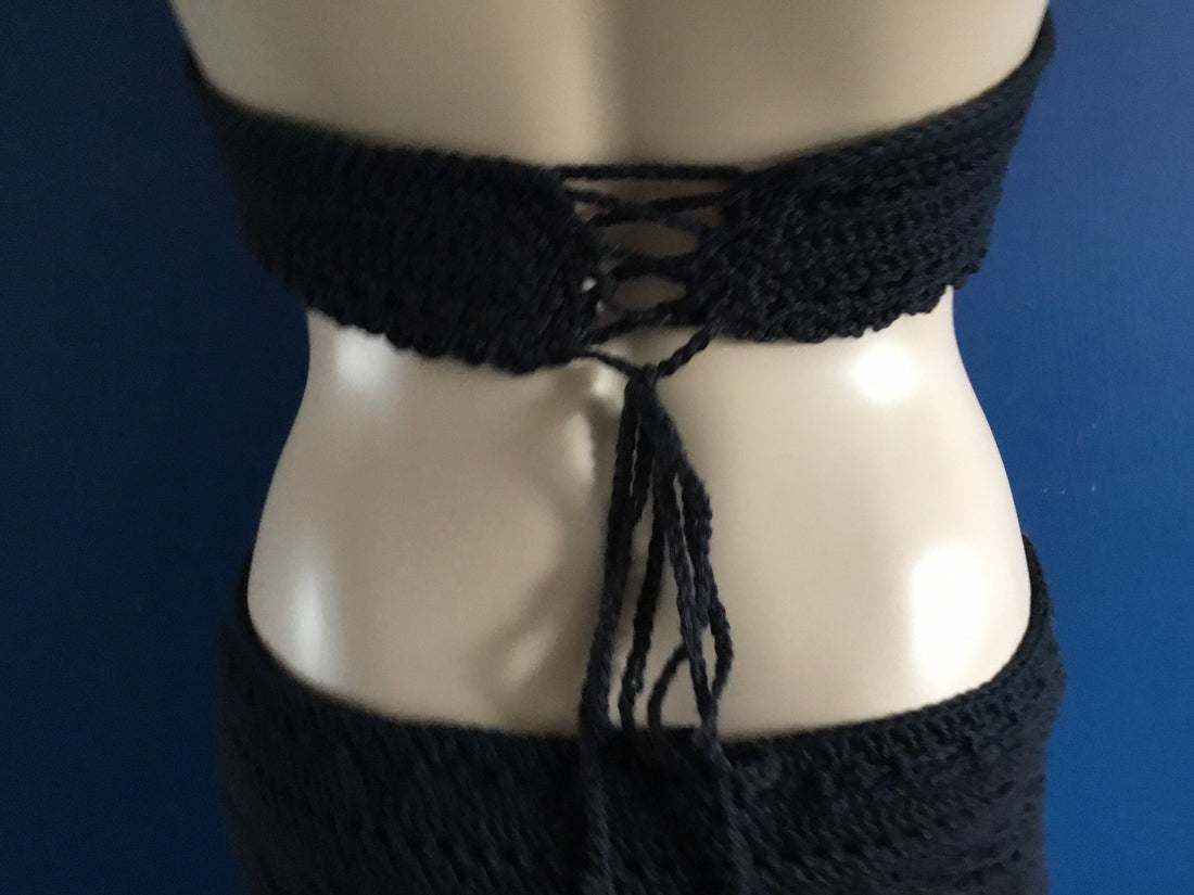 Handmade Crochet Black Halter Top Adjustable Padded Bralette - Festigal