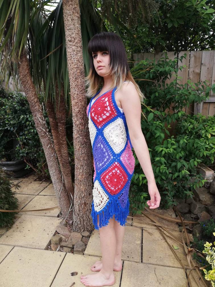 Handmade Unique Boho Crochet Granny Square Dress - Festigal