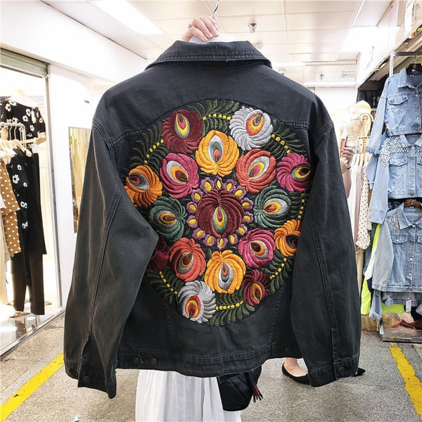Vintage Style Multifloral Embroidered Denim Jacket - Festigal