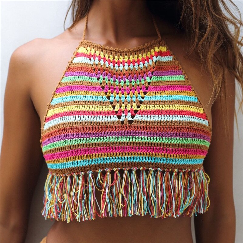 Handmade Crochet Striped Halterneck Top - Festigal