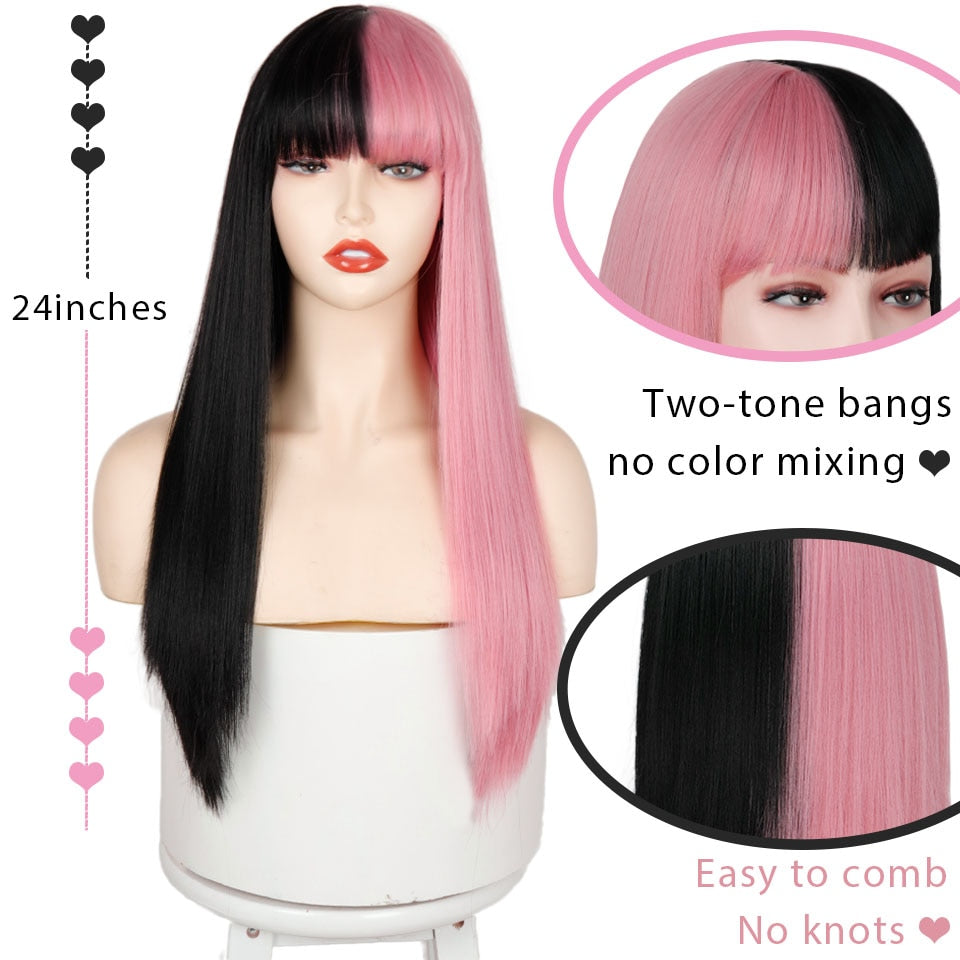 Pink & Black Two Tone Wig With Bangs - Festigal