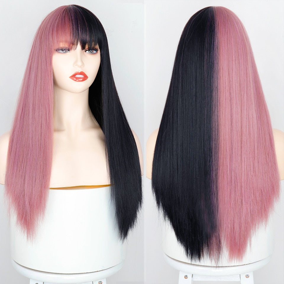 Pink & Black Two Tone Wig With Bangs - Festigal