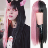 Pink & Black Two Tone Wig With Bangs