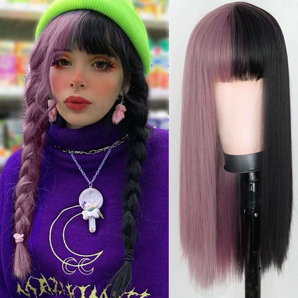 Pink & Black Two Tone Wig With Bangs - Festigal