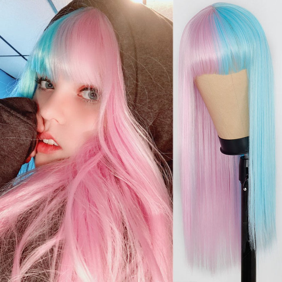Pink & Black Two Tone Wig With Bangs - Festigal