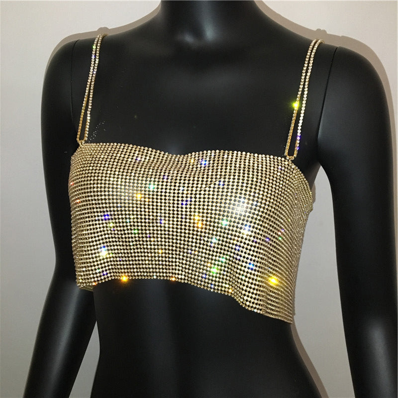 Shiny Crystal Metal Chain Crop Top - Festigal