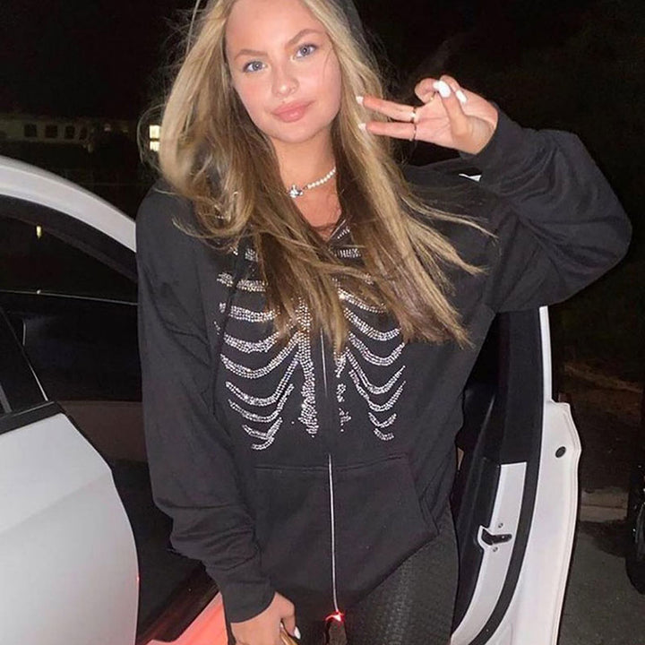 Y2K Rhinestone Skeleton Oversized Sweatshirt - Festigal