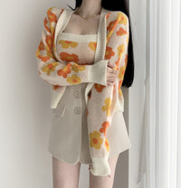 Flower Print Cardigan + Knit Vest 2 Pcs Set