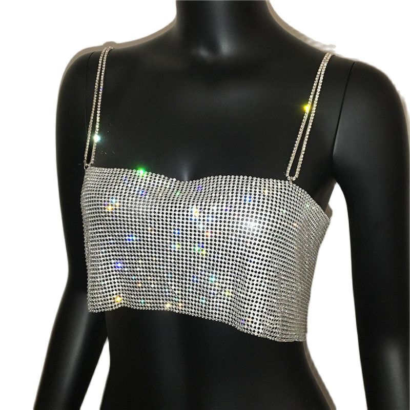 Shiny Crystal Metal Chain Crop Top - Festigal