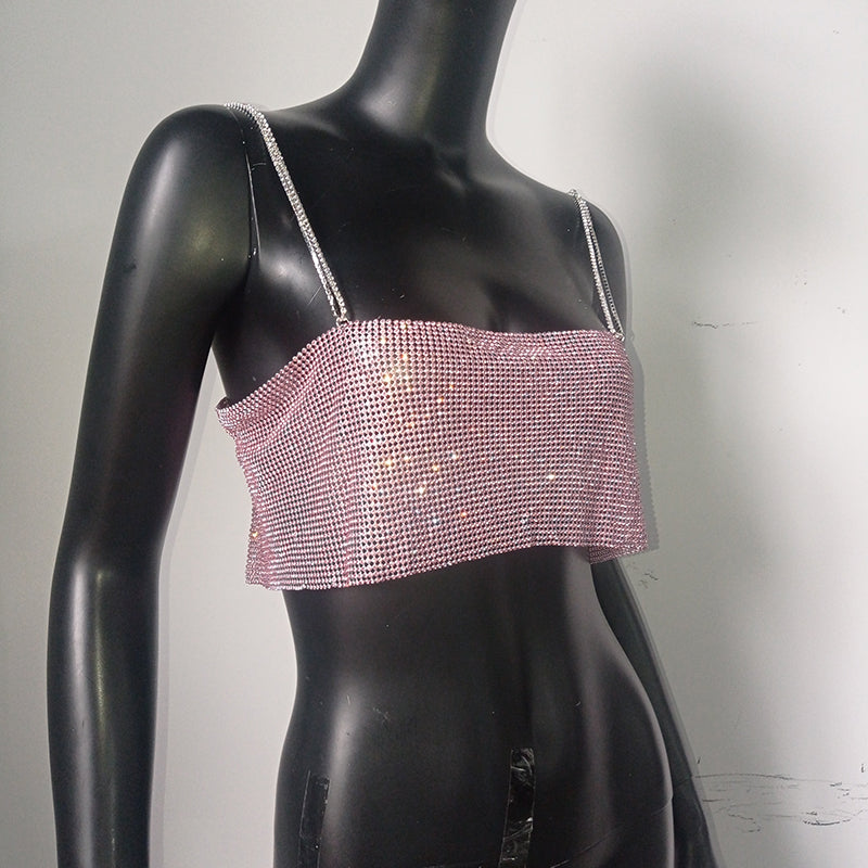 Shiny Crystal Metal Chain Crop Top - Festigal