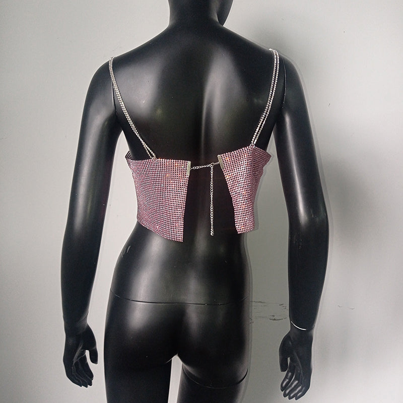 Shiny Crystal Metal Chain Crop Top - Festigal